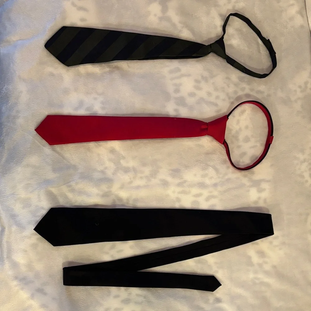 Three Boys' Neck Ties - Navy/green Stripe, Solid Red, Solid Black
